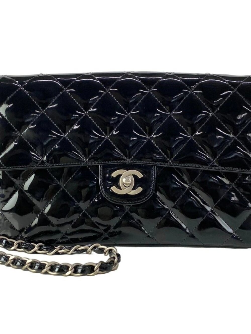 CHANEL Single Flap Matelasse Black Patent Leather Shoulder Bag